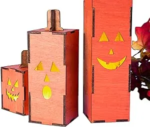 Small Rustic Wooden Jack-o-Lantern - Includes flickering Led Tealight