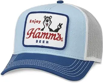 AMERICAN NEEDLE Hamm's Beer Valin Adjustable Snapback Trucker Baseball Hat, White/Light Blue/Royal (MILLER-1904B)