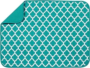 S&T XL Microfiber Dish Drying Mat, 18" x 24", Teal Trellis