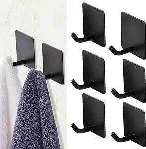 6 Pack Adhesive Hooks for Hanging Towel Hooks for Wall Heavy Duty Door Robe Hooks for Bathrooms Black