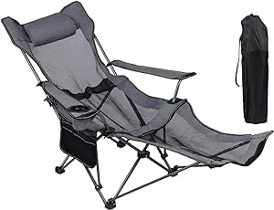 NURTUDIS Camping Lounge Chair,Folding Reclining Camping Chair, Portable Camping Chair with Footrest,Storage Bag & Headrest, Mesh Recliner, 330lbs Weight Capacity (Gray)