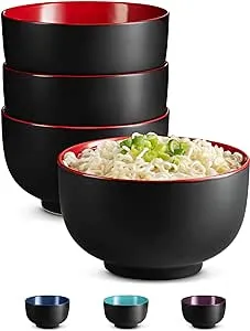 Kook Japanese Ceramic Noodle Bowl, Deep Interior, Black and Red, Holds