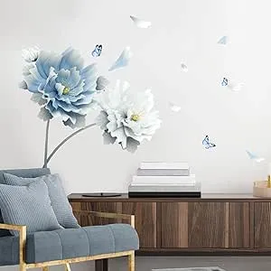 Supzone Blue White Flower Wall Sticker Large Lotus Wall Decals Floral and Butterfly Wall Decor DIY Vinyl Mural Art for Bedroom Living Room Offices Study Room Home Decoration