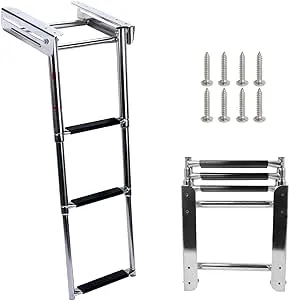 Amarine Made Boat Ladder, 3-Step Under Platform Slide Mount Boat Boarding Ladder, Telescoping, Stainless Steel