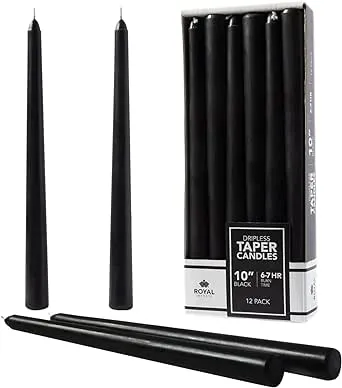 Royal Imports Unscented Taper Candles, Elegant Premium Quality, Dripless & Smokeless, Hand-Dipped Dinner Candles for Wedding, Holiday, Home Decor - 7 Hour Burn Time - Set of 12 (10 Inch, Black)