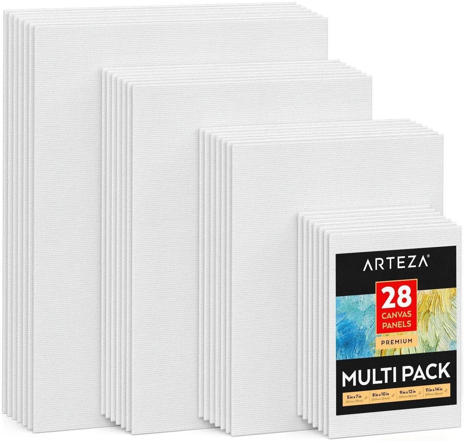 Arteza Canvas Boards for Painting, Multipack of 28, 5 x 7, 8 x 10, 9 x 12, 11 x 14 Inches, Blank Canvas Panels, 100% Cotton, 12.3 oz Gesso-Primed, Art Supplies for Acrylic Pouring and Oil Painting