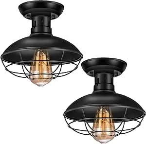 Asnxcju Farmhouse Flush Mount Ceiling Light Fixture, Industrial Ceiling Light, Metal Black Cage Rustic Style Close to Ceiling Light Fixtures for Hallway Kitchen Entryway 2 Pack, UL Listed