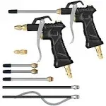 Industrial Air Blow Gun with Brass Adjustable Air Flow Nozzle ， Universal hose and 2 Steel Air flow Extension.Pneumatic Air Compressor Accessory Tool Dust Cleaning Air Blower Gun. (2pcs)