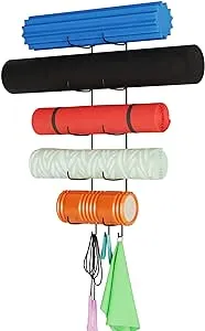 Wallniture Guru Yoga Mat Holder Wall Mount with 3 Hooks for Hanging Yoga Strap, Resistance Bands, 5-Sectional Metal