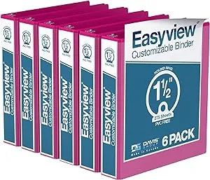 EasyView Premium 1.5-Inch Binders with Clear-View Covers, 3-Ring Binders for School, Office, or Home, Colored Binder Notebooks, Pack of 6, Round Ring, Pink