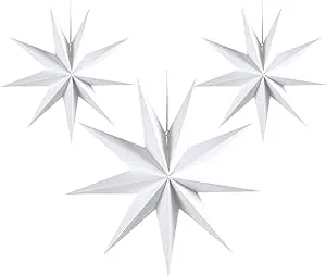 SUNBEAUTY 3 Pcs 9-Pointed White Paper Star Lanterns 12 Inch Hanging Lampshade Wedding Birthday Christmas Home Party Decoration