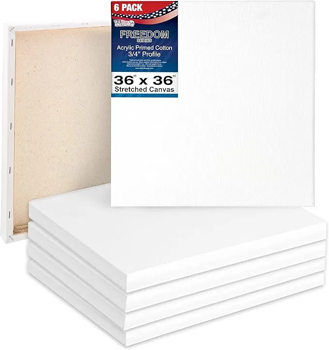 U.S. Art Supply 36 x 36 inch Stretched Canvas 12-Ounce Triple Primed, 6-Pack - Professional Artist Quality White Blank 3/4" Profile, 100% Cotton, Heavy-Weight Gesso - Acrylic Pouring, Oil Painting