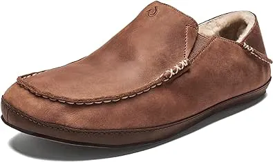 OLUKAI Moloa Slipper Men's Slippers, Premium Nubuck Leather Slip On Shoes, Shearling Lining & Gel Insert, Drop-In Heel Design