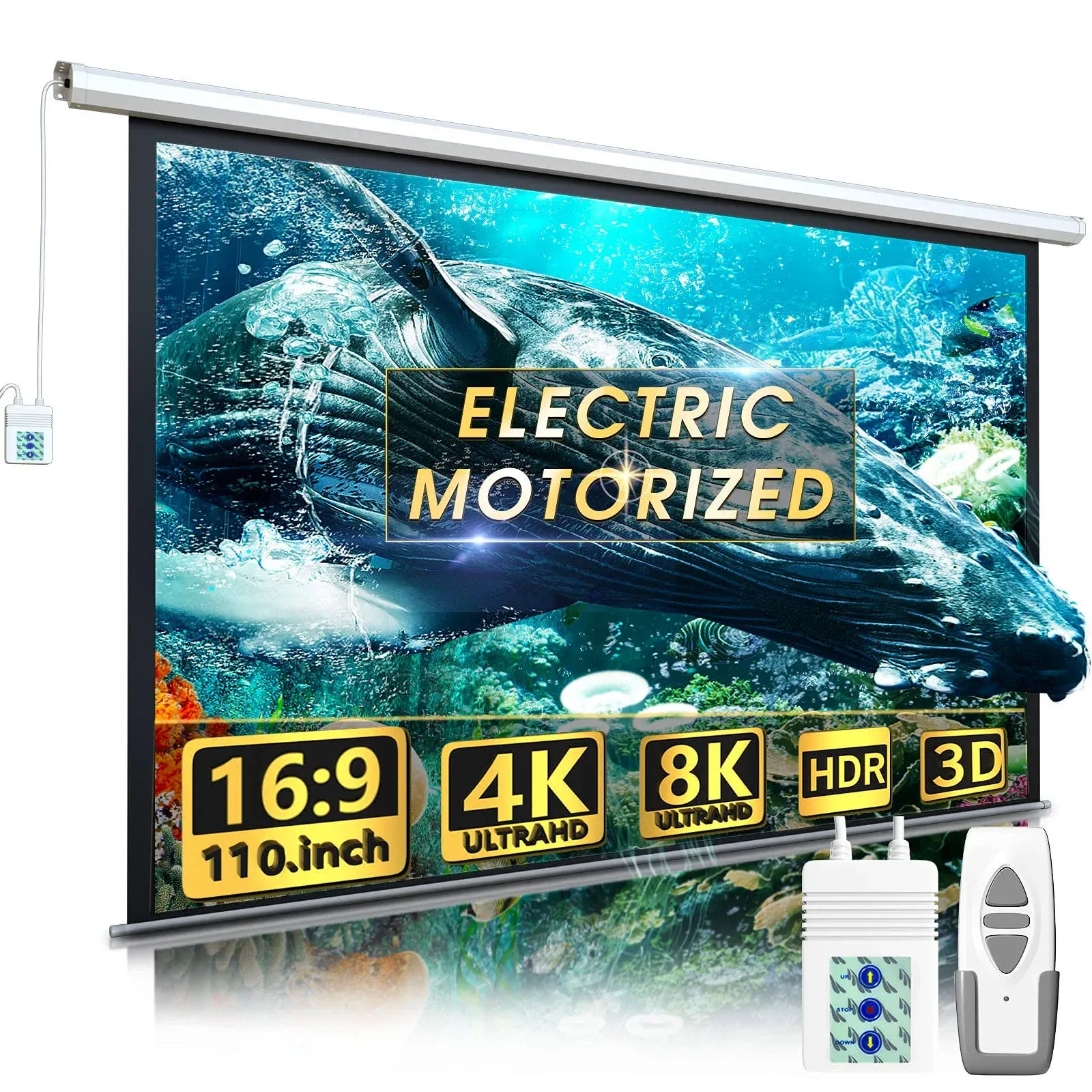 Aoxun 110" Motorized Projector Screen - Indoor and Outdoor movies Screen 110 inch Electric 16:9 Projector Screen w/Remote Control