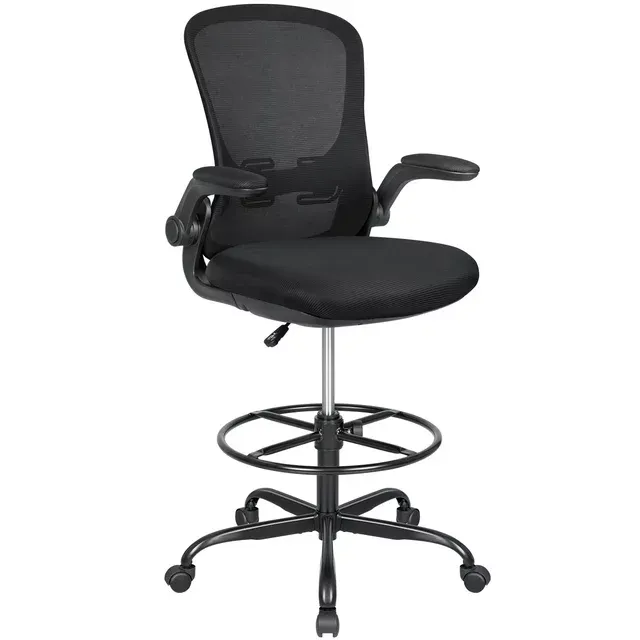 Lacoo Mid-Back Drafting Office Chair Adjustable Height Desk Chair Ergonomic Design Office Chair with Flip-Up Armrest and Foot Ring, Black