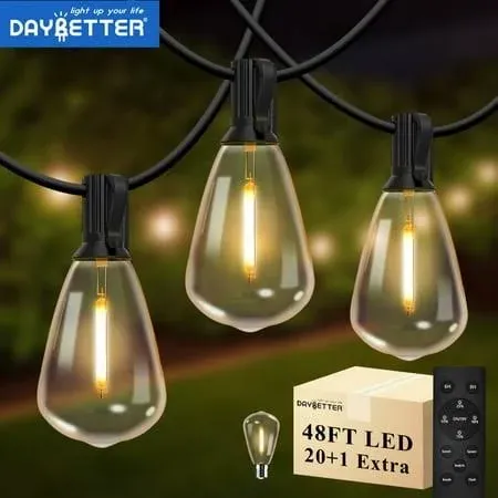 DAYBETTER 48FT String Lights Outdoor 24V Low Voltage Led Patio Lights with 20 Shatterproof ST38 Edison Bulbs Dimmable String Lights for Outside，Garden, Porch, Backyard, Halloween