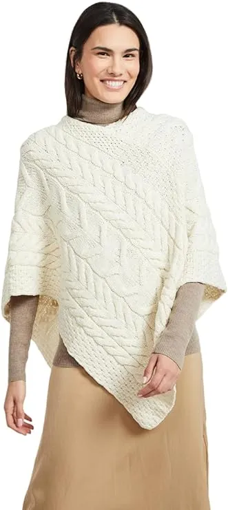 Aran Woollen Mills 100% Irish Merino Wool Ladies Aran Knit Poncho, Made in Ireland, Women's Poncho Wrap, One Size