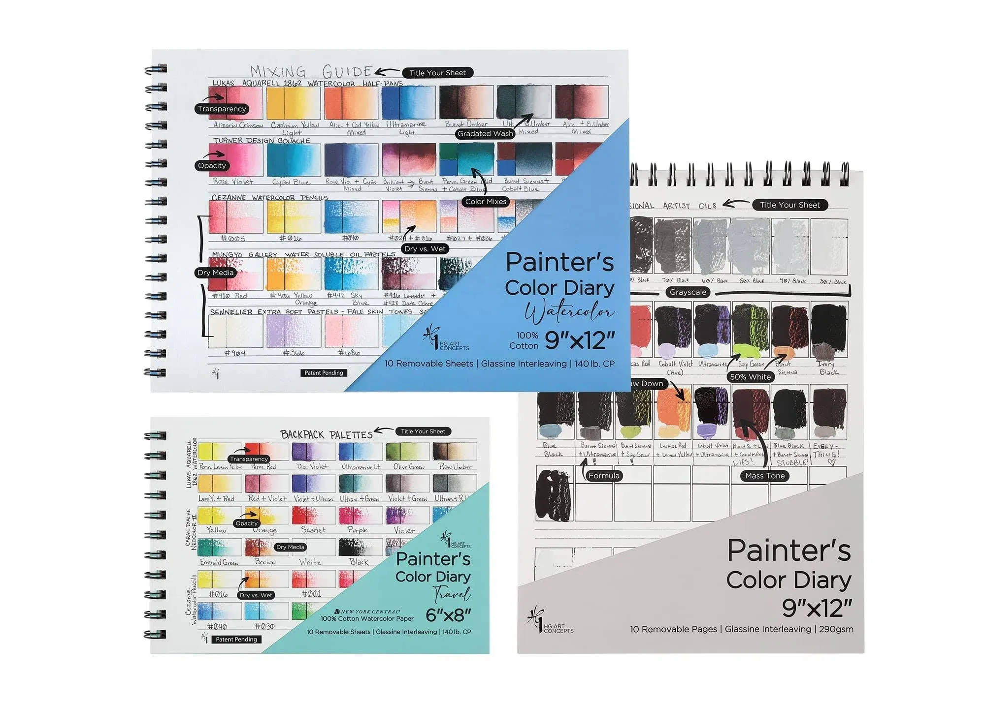 HG Art Concepts Painters Color Diary - Spiral-Bound Acid-Free Color Swatch Book - Oil/Acrylic & Watercolor/Multimedia & Travel Size Bundle