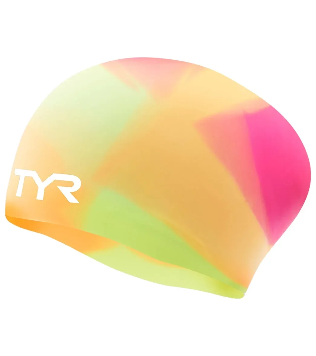 TYR Tie Dye Long Hair Youth Silicone Swim Cap Pink/Yellow/Orange