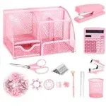 yuun Pink Desk Organizers and Accessories, Office Supplies Include Mesh Desk Organizer, Stapler, Staple Remover, Scissor, Clips Set, Pen Holder, Ruler, Pen and Staples etc