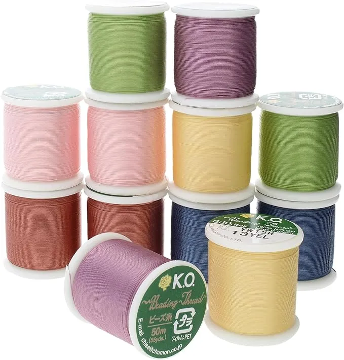 KO Thread, Nylon Beading Thread, 12-Piece Color Assortment, Japanese Pre-Waxed 100% Nylon, 330TEX, Tangle Resistant Knotting Cords, 50 Meters, Use for Seed Bead Projects, Loom Work and Bead Weaving