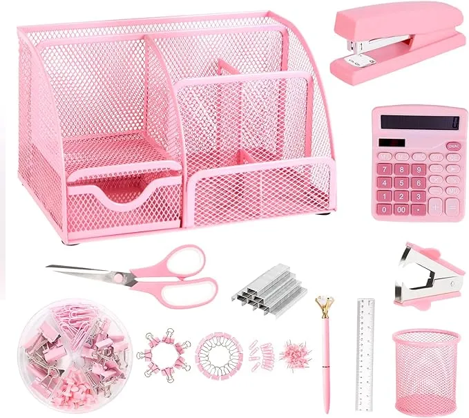 Yuun Pink Desk Organizers and Accessories, Office Supplies Include Mesh Desk Organizer, Stapler, Staple Remover, Scissor, Clips Set, Pen Holder,