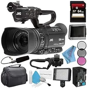 JVC GY-HM250 GY-HM250U UHD 4K Streaming Camcorder + 64GB SDXC Card + 62mm 3 Piece Filter Kit QAN0067-003 Microphone + Memory Card Wallet + Professional 160 LED Video Light Studio Series Bundle