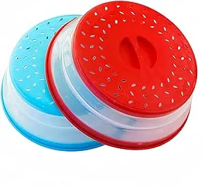 Pack of 2, Collapsible Microwave Food Cover BPA Free TPR, 10.5inch, Round with Grip Handle RED+BLUE...