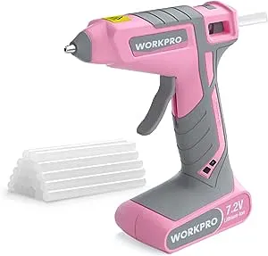 WORKPRO Pink Cordless Hot Melt Glue Gun, 7.2V Rechargeable Fast Preheating Glue Gun Kit with 20 Pc Premium Mini Glue Stick, Automatic-Power-Off Glue Gun for Art, Craft, Decoration - Pink Ribbon