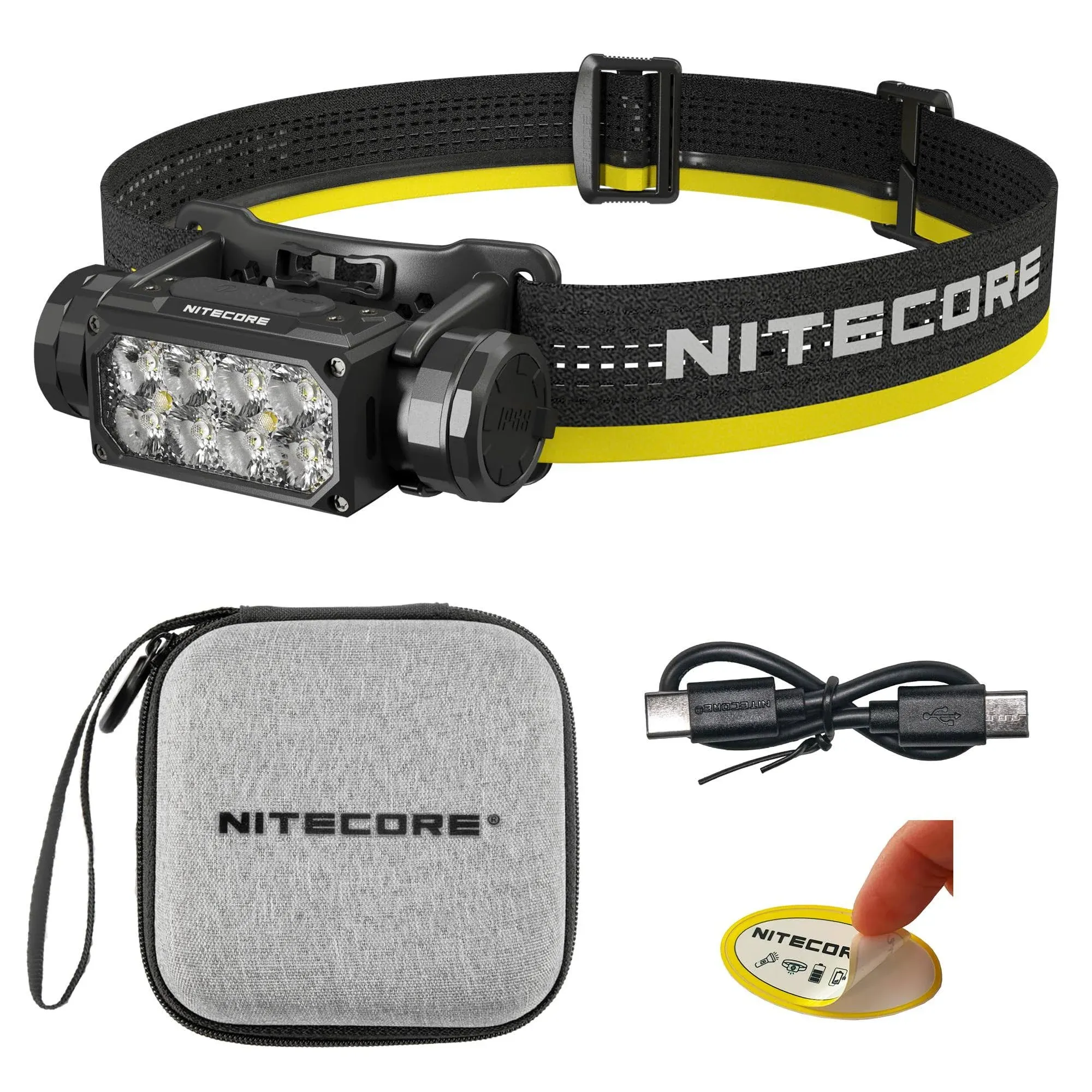 Nitecore HC65 UHE 2000流明重型金属头灯，USB-C可充电，带有白色、红色和阅读灯贴纸，适用于露营、远足、狩猎和工业工作