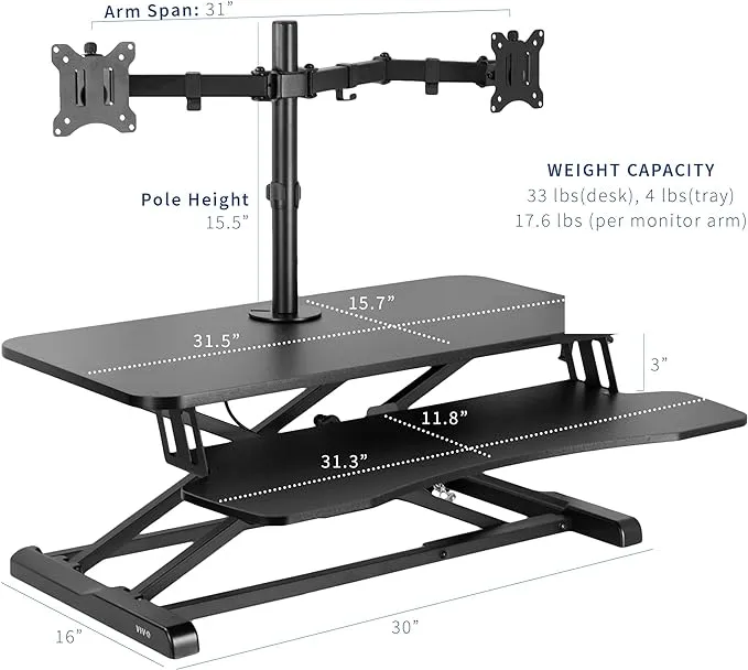 VIVO Height Adjustable 32 inch Standing Desk Converter with Dual 13 to 30 inch Monitor Stand, Sit Stand Monitor Mount and Desk Riser, Vintage Brown Top, Black Frame, DESK-V000KN-M2