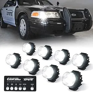 Xprite White LED Hideaway Emergency Strobe Lights Kit, 20 Flashing Modes w/Controller Headlights Taillights Fog Light Mounting, Hazard Warning Caution Light for 12V Vehicles Pickup Trucks Vans 8 PCS