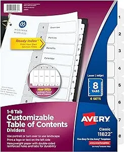 Avery 8 Tab Dividers for 3 Ring Binders, Customizable Table of Contents, Classic White Tabs, 6 Sets (11822)