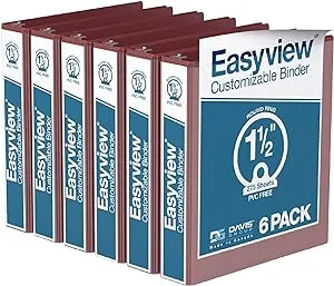 EasyView Premium 1.5-Inch Binders with Clear-View Covers, 3-Ring Binders for School, Office, or Home, Colored Binder Notebooks, Pack of 6, Round Ring, Burgundy