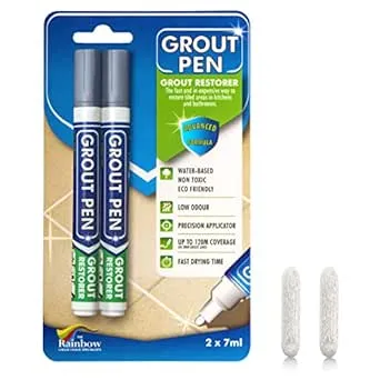 Grout Pen Grey Tile Paint Marker: Waterproof Grout Paint, Tile Grout Colorant and Sealer Pen - Narrow 5mm, 2 Pack with Extra Tips (7mL) - Grey