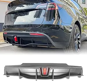 FREEMOTOR802 Rear Diffuser, Fit for 2020-2024 Tesla Model Y Sport 4-Door, Matte Black PP IKON Style Rear Bumper Molding Protector Lip With LED Lamp Add on