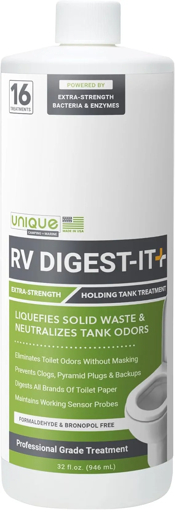 Unique RV Digest-It+, Extra-Strength Black Tank Treatment for RVs - Stronger Liquid RV Toilet Treatment, Eliminates Odor, Liquefies Waste, Prevents Sensor Misreading, CA Compliant (32 oz.)