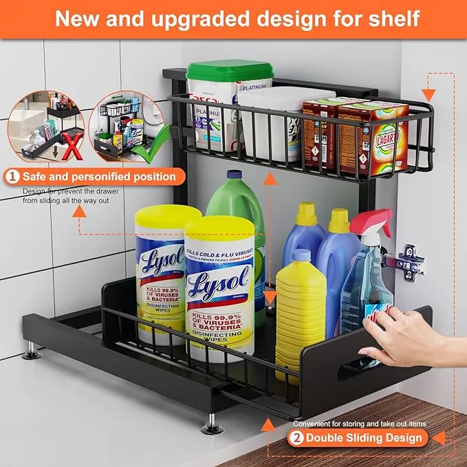 2 Pack Under Sink Organizers and Storage,Pull Out Cabinet Organizer,2-Tier Sliding Out Kitchen Basket Sink Shelf Cabinet Organizers Adjustable L Shape Counter Organizers for Bathroom Kitchen (Black)