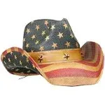 Men&#039;S Vintage Tea-Stained USA American Flag Shape-It Brim Cowboy Hat W/ Western