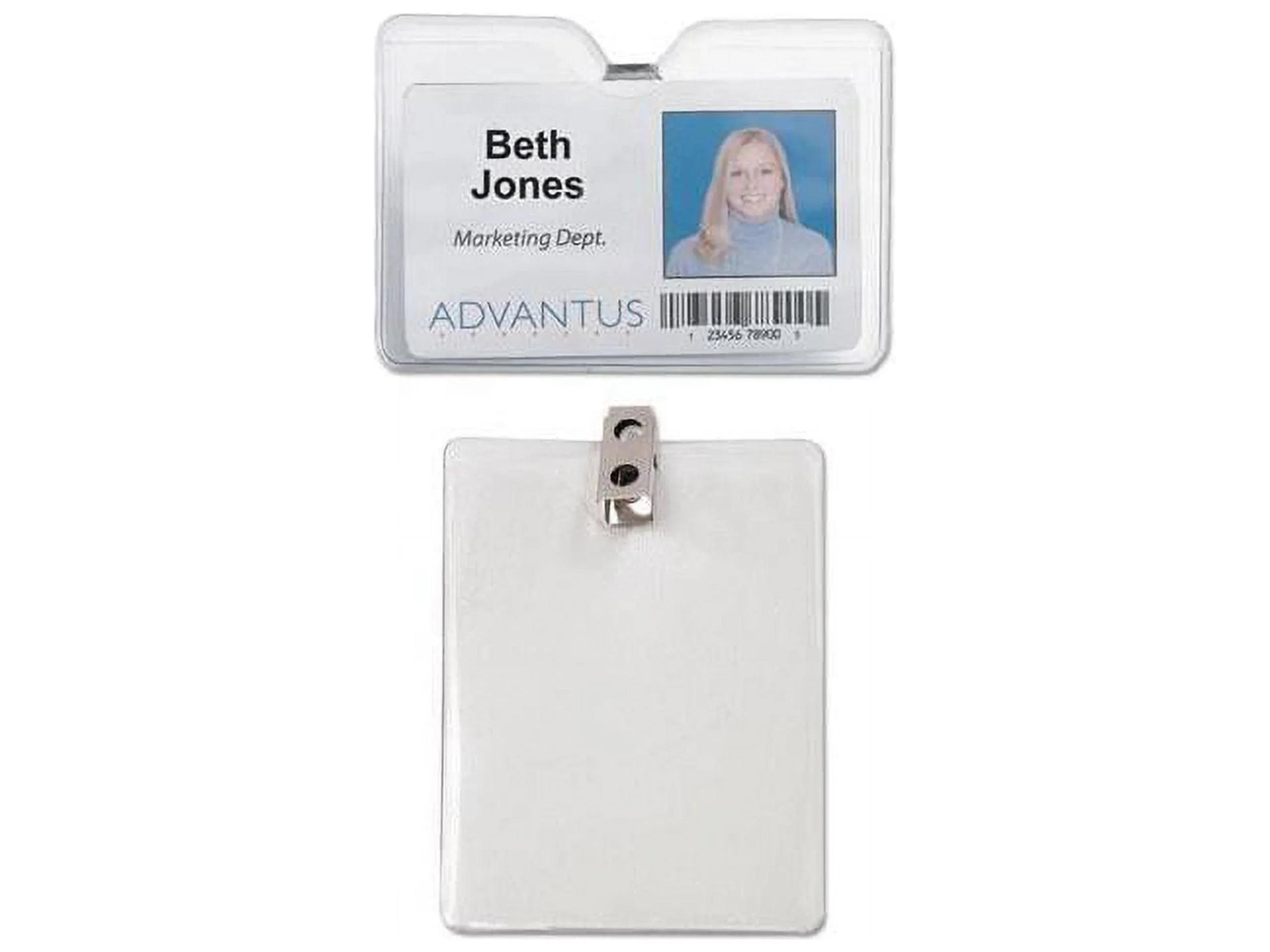 Advantus Clear Vinyl ID Badge Holder, Punched, 3"W x 4"L, Vertical w/Clip, 50/Box