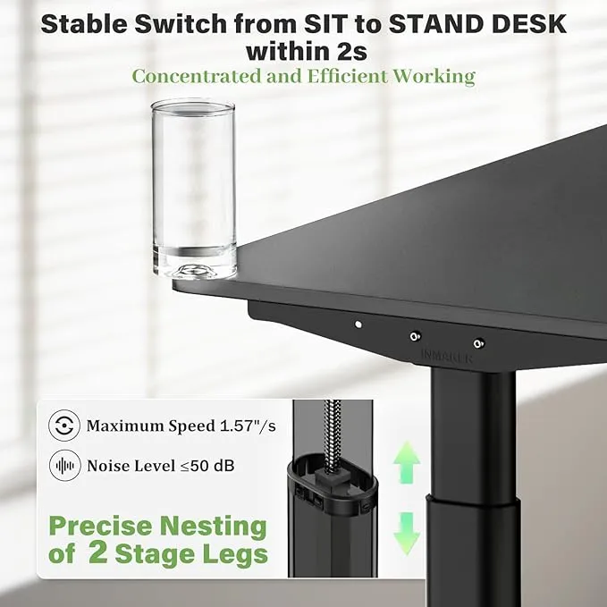 INMAKER Standing Desk Frame, Adjustable Desk Legs Height of 27.4" to 46.7", Dual Motors Sit Stand Desk Frame, Electric Desk Base for Desktop 43.3" to 70.8", Matte Black (Frame only)