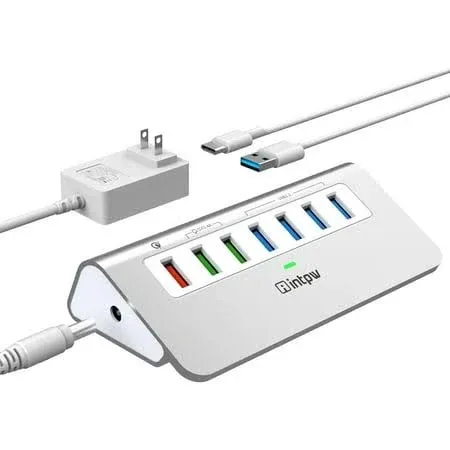 Powered USB 3.2 Hub 10Gbps,7 Port USB Data Hub USB Splitter with 4 USB 3.2 Gen2 Data Ports,3 Fast Charging Ports,30W, Size: 3.0 in