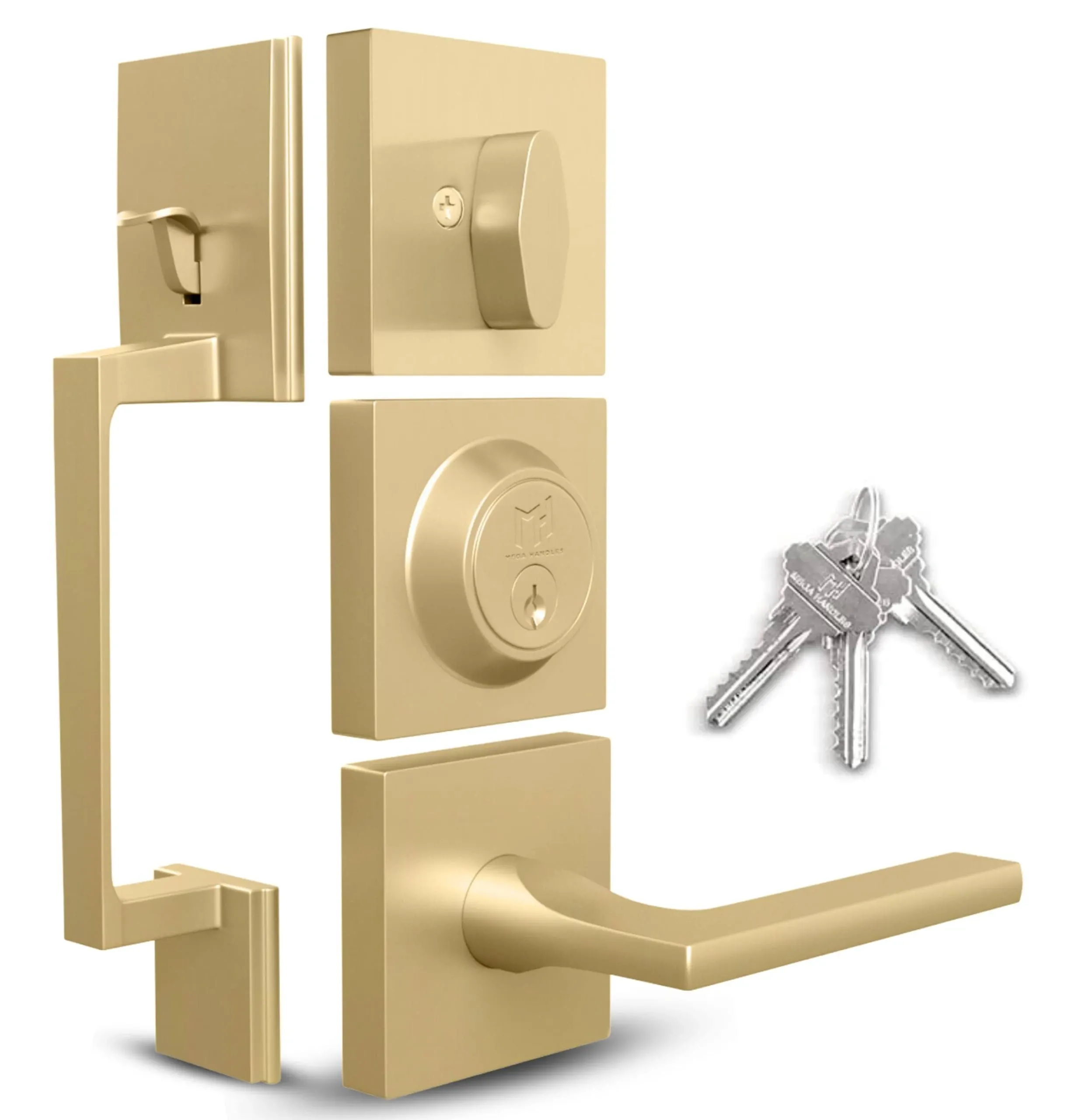 Mega Handles - TOBELLE Gold Entry Door Handleset - Single Cylinder Handleset with Lever for Entrance and Front Doors - Modern Door Handles for Left and Right-Handed Doors - Straight Handle