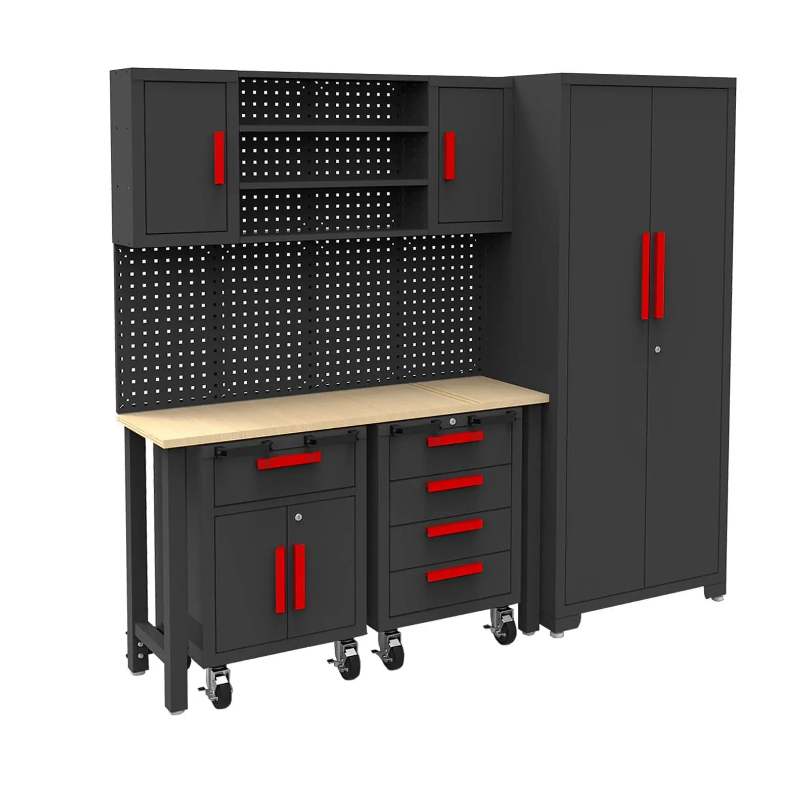 6 Piece Garage Cabinets Storage System: Includes Steel Cabinets, Drawers, Rolling Chest and Pegboard, Garage Workbench with Storage - Perfect for Organizing Garage and Tools, Black