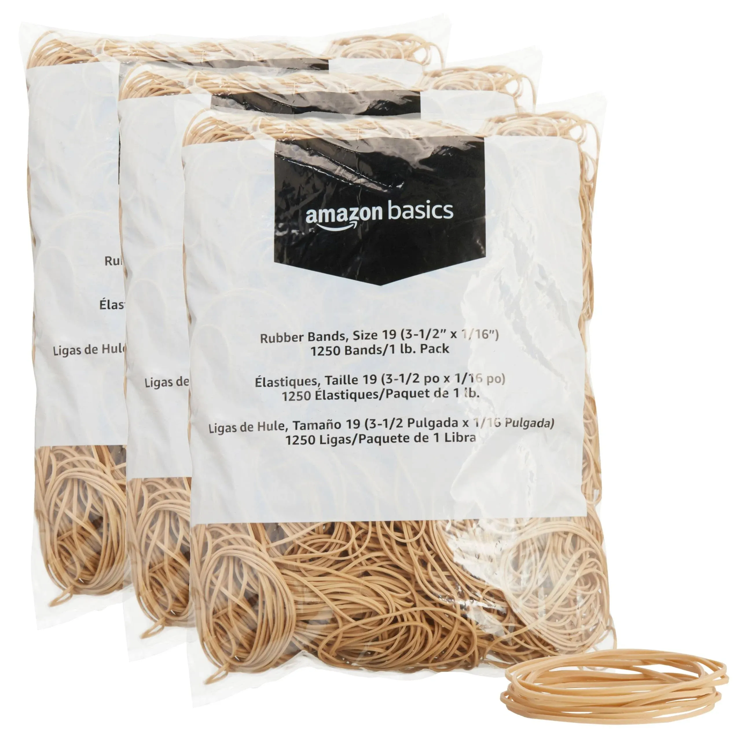 Amazon Basics Rubber Bands, Size 19 (3-1/2 x 1/16 inch), 1250 Bands/1 lb. Pack, 3-Pack, Tan