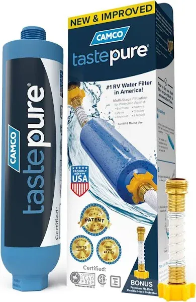 Camco TASTEPURE RV Water Filter and Hose Protector - GAC Filtration - Blue