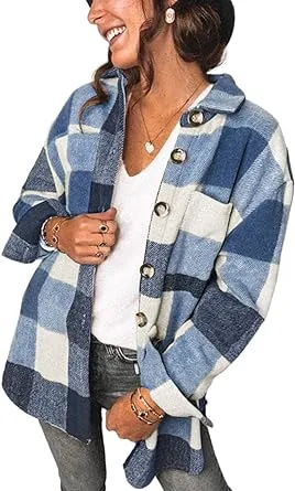 SHEWIN Womens Long Sleeve Plaid Shirts Flannel Lapel Button Down Shacket Jacket Coats