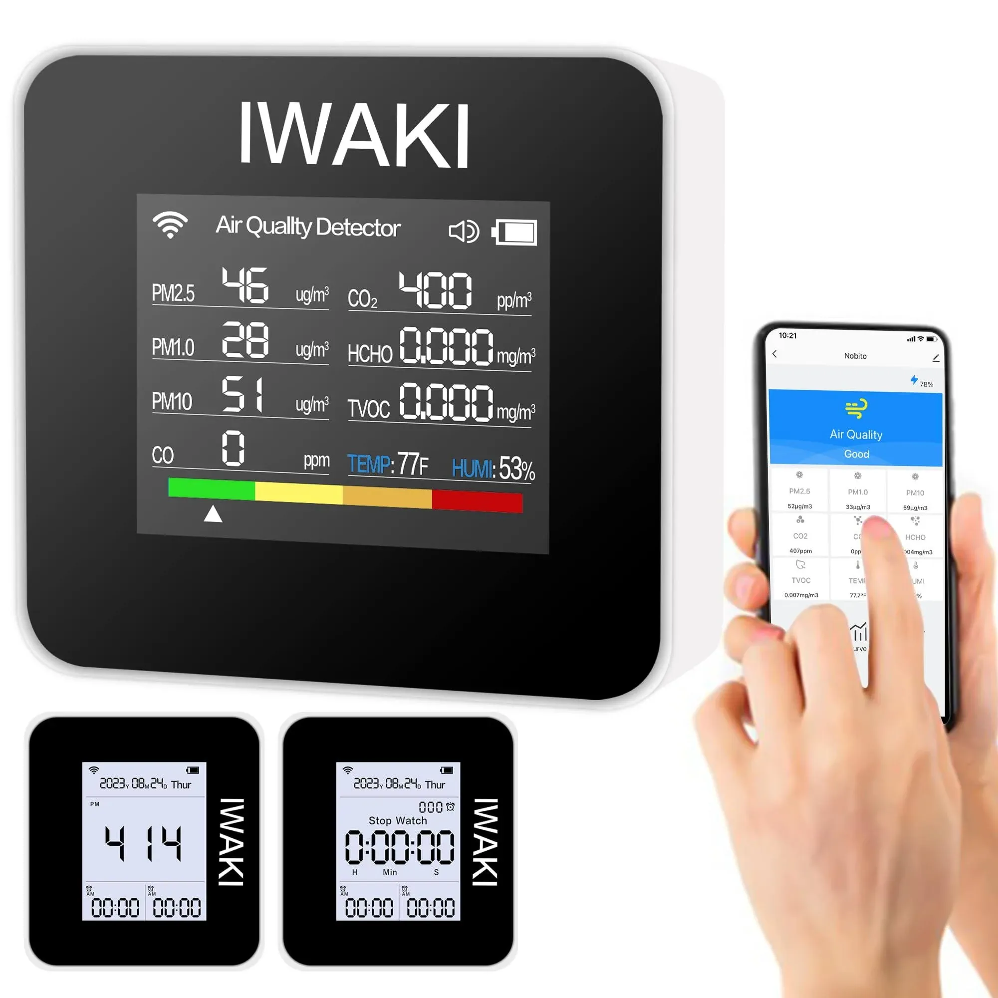 iwaki 14 in 1 Mobile APP Monitoring Portable Carbon Monoxide Detector Smoke Alar