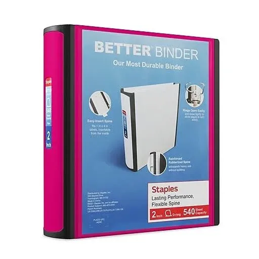 Staples 2" 3-Ring Better Binder, D-Ring, Pink (13570-cc)