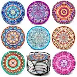 Teivio Absorbing Stone Mandala Ceramic Coasters for Drinks Cork Base with Holder, for Friends Funny Birthday Housewarming Apa